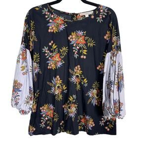 LOFT M Navy Blue Floral Lantern Sleeve Blouse Button Back 3/4 Sleeve Flowermix